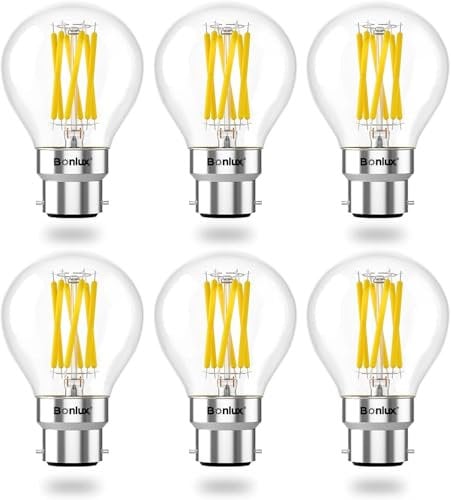 Bonlux B22 Bayonet LED Light Bulbs Dimmable 6W B22 Golf Ball Bulb 60W Incandescent Equivalent, 2700K Warm White Clear Glass G45 BC LED Bulbs, 480LM, No Flicker, Eyes Protection-6 Pack