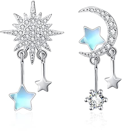 KINGWHYTE Mondstein Ohrringe S925 Sterling Silber Milchstraße Sonne und Mond Ohrhaenger Stern Tropfen Ohrringe Hängend Schmuck Geschenke für Frauen Mädchen