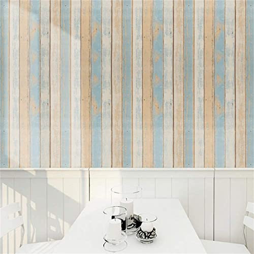 JOLIHOME Brown and Blue Wood Grain Effect Self Adhesive Wallpaper Vintage Planks Removable Peel and Stick Contact Paper for Door Cabinet Bar Counter Bedroom and Kitchen 44x500cm