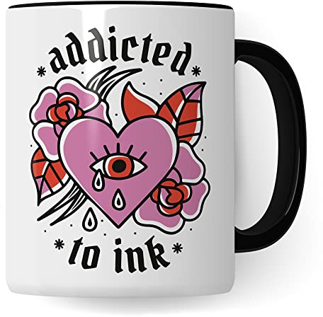 Tasse Tattoo, Addicted to Ink Tasse, Geschenk Tattowierer Tattoo Motiv Spruch, Geschenkidee Tattowierte Beruf Tattoowierer Kaffeetasse schönes Motiv