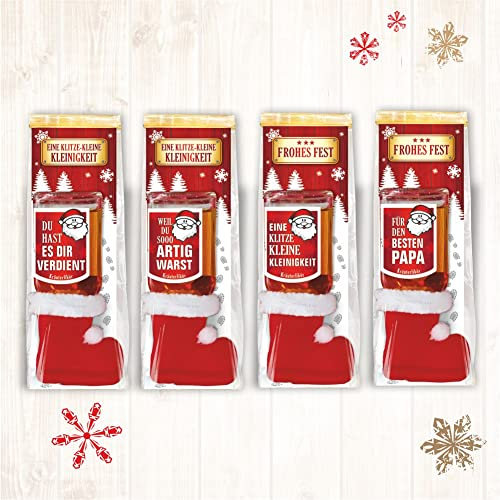 4er Set Weihnachtsliköre: Weihnachtsüberraschung Amarena Kirsch Likör mit Stiefel und lustigen Sprüchen | Liköre zu Weihnachten in schöner Geschenkverpackung