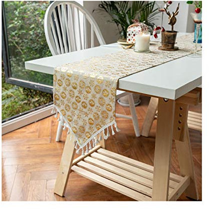 EHOMERY Runde Tischdecke, Makramee Gold Tischläufer Weihnachten Schneeflocken drucken Quasten Tischläufer Cotton 33x80CM