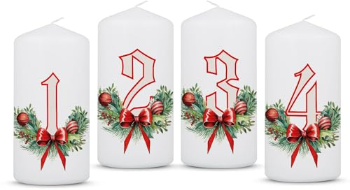GRAVURZEILE Bedruckte Adventskerzen - Advent Floral - Weihnachtskerze für den Adventskranz 4er Set - Dekoration zu Weihnachten - Geschenk für Sie & Ihn - Stumpenkerze 120/58 mm