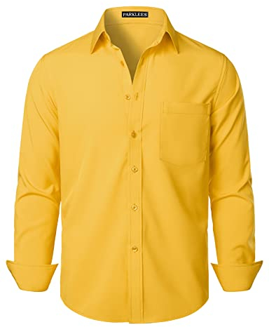 PARKLEES Men's Regular Fit Dress Shirt Solid Wrinkle-Free Long Sleeve Casual Business Button Up Shirts with Pocket PZSSCL05-Yellow XL