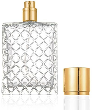 Enslz Atomizador de niebla fina de vidrio transparente de 100 ml, portátil, cuadrado, recargable, vacío, atomizador de viaje, tapa dorada
