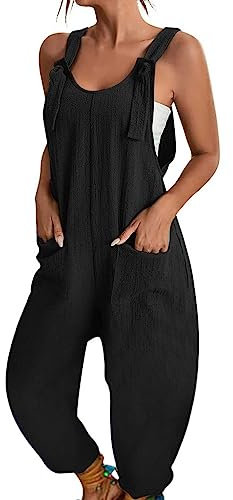 BRONG Latzhose Damen Sommer Weites Bein Jumpsuit mit Tasche Lässig Lose Overall für Frauen Strampler Ärmellos Riemchen Latzhose Verstellbar Strampelanzüge Schwarz XL