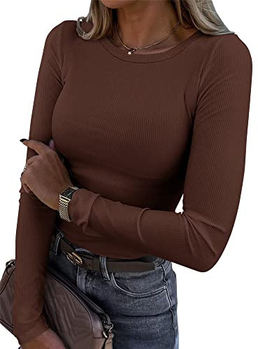 Smile Fish Womens Long Sleeve Stretch Crewneck Ribbed T-Shirt Fitted Casual Basic Tops, Brown M