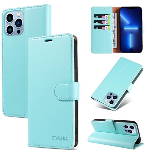 STAWLKA Case for iPhone 13 Pro, Premium PU Leather Flip Magnetic Buckle Wallet Case Kickstand Blocking RFID Shockproof Protective Phone Cover for iPhone 13 Pro - Mint Green