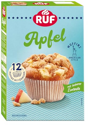 RUF Apfel-Muffins Backmischung, fruchtige American Style Muffins mit leckerer Zimtnote, einfache Zubereitung, 12 Muffin-Förmchen inklusive