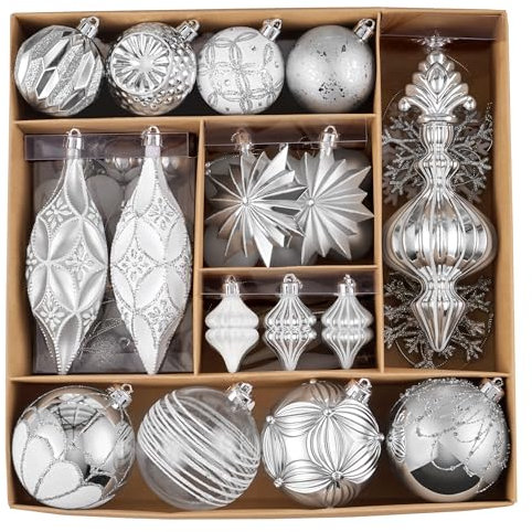 Valery Madelyn Christmas Tree Ornaments Set, 80ct White and Silver Shatterproof Christmas Tree Decorations Bulk, Luxury Hanging Ball Ornaments for Xmas Trees Holiday Wedding Party Decor