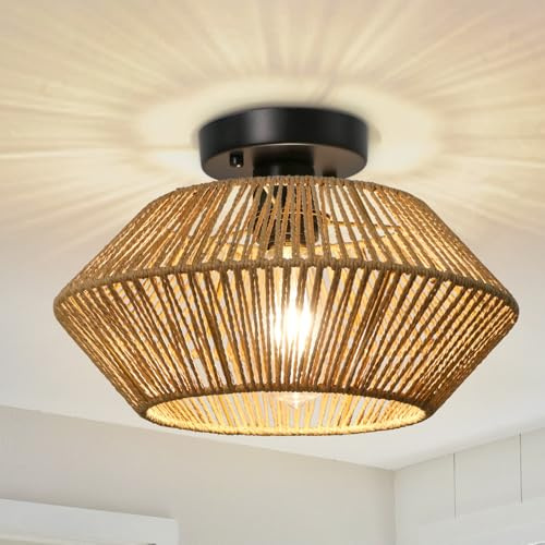 LynPon Bohemian Deckenleuchte aus Gewebtem Rattan Handgefertigter Käfig Kronleuchter Bauernhaus Natürliche Mini Rattan Lampe für Wohnzimmer, Schlafzimmer, Küche