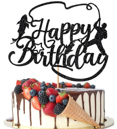 Crseniny Fishing Cake Topper，Happy Birthday Cake Topper，Fisherman Birthday/Outdoor Fishing Themed Cake Decoration，Men Boy Birthday Fishing Party Supplies