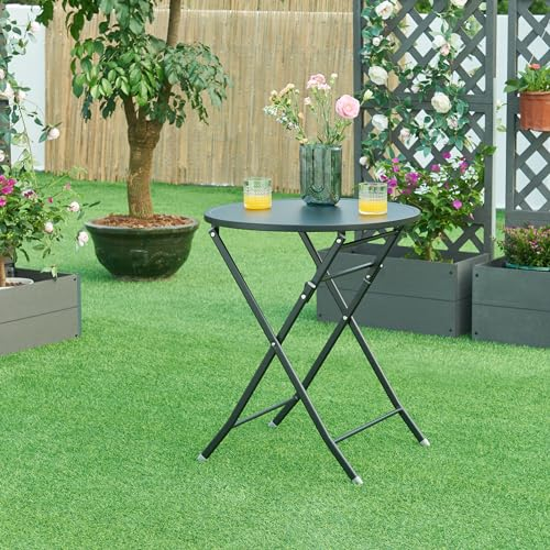 [en.casa] Gartentisch Sande Klapptisch 71 x Ø62 cm Balkontisch Stahl klappbar rund Schwarz Outdoor-Beistelltisch faltbar
