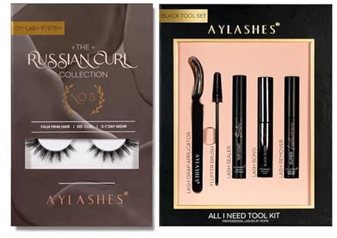 AYLASHES - DIY Wimpernextensions Starter Set NO. 5 | 5 Paar Wimpern, Applikator, Wimpernkleber, Top Coat Sealer schwarz, Lash Remover | Wimpern DIY Set für zu Hause | bis zu 7 Tage Halt