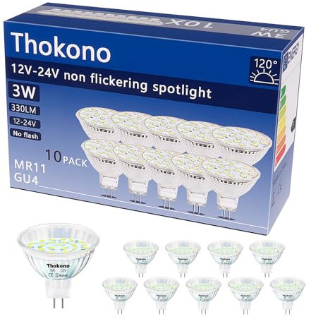 Thokono MR11 GU4 LED Kaltweiss 6000K, 10 Pack 3W Ersetzt 20W Halogenlampen Glühlampen, 330Lm, AC/DC 12V-24V Flimmerfrei Strahler, Nicht-Dimmbar 120° Abstrahlwinkel, Inklusive GU5.3 Adapterstecker
