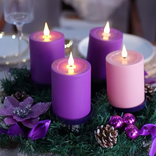 FPOO Advent Candles Battery Operated Set of 4, Flameless Candles with Remote Timer for Advent Wreath Church Décor (3‘’x 5‘’)