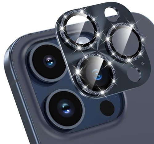 HWeggo for iPhone 15 Pro/iPhone 15 Pro Max Camera Lens Protector Glitter Decoration Strong Adsorption Drop Protection 9H Tempered Glass Camera Cover Anti-Scratch Easy to Install high hardness-Blue