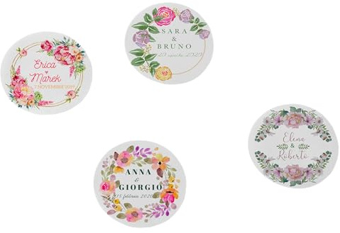 Adesivi Personalizzati per Cerimonie, Set da 20, Diametro 4 cm | Con Nomi e Cornici Floreali, Carta Adesiva Bianca, PVC Lucido, PVC Opaco