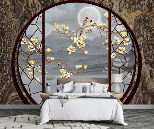 MIWEI Wallpaper Papier Peint Panoramique Fleurs De Paysage Rondes Papier Peint Nature Intissé Murale Chambre Salon -F021-380cmX260cm