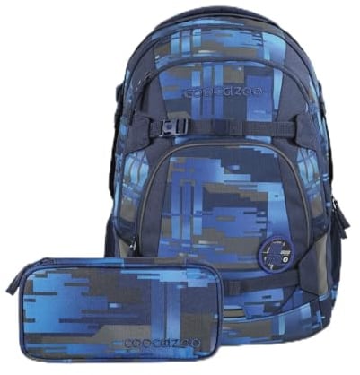 coocazoo Schulrucksack-Set Mate „Deep Matrix & Snap Me“ 3-teilig, blau, ergonomischer 30L Tornister, höhenverstellbar, für Kinder ab der 5. Klasse, inkl. Federmäppchen & Colour UP-Set
