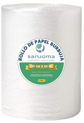 SANJOMA Bobina de Papel Burbuja para Embalaje | Plástico de Burbujas Protector para Envíos, Mudanzas y Almacenaje | Rollo de Burbuja Antigolpes y Antirrayas, Fácil de Usar (50 cm x 50 m)