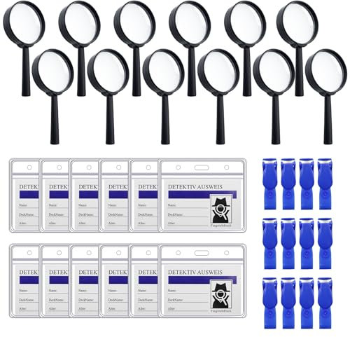 MIPIACE Detektiv Set Kinder: 12 Lupen & Ausweise mit Clip, Ideal für Outdoor Abenteuer & Rollenspiele, Schwarz und Blau, Unisex, Alter: Kid