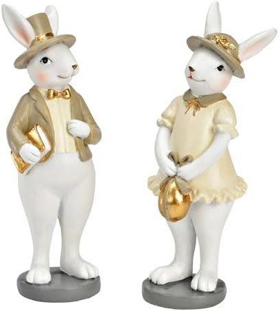 Miss Lovely 2er Set Deko-Figuren Osterhasen Hasen-Paar Mann & Frau Oster-Fest Oster-Dekoration Deko-Figur Frühling nostalgische Osterdeko Ostern Farben: weiß & Gold