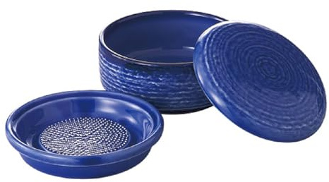 Waraku Fuuka Japanese Grater Traditional Handcrafted Porcelain Minoyaki Indigo Blue with Mini Bowl and Lid for grating Radish Garlic Ginger (Indigo Blue, φ 4.33)