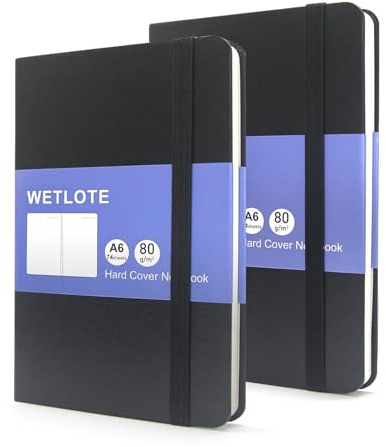 WETLOTE Notizbuch A6 Punktkariert 2er Set, Hardcover mit 80gsm Papier, je 74 Seiten, Farbigem Kartoneinband für Frauen Männer, Bullet Journaling, Arbeit und Lernen, 9 x 14cm (Doppelpack Schwarz)
