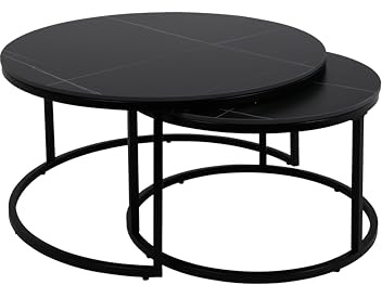 Hela Tische, 2er Set Couchtisch Luis, rund, Steinplatte Marmoroptik, Metallrahmen schwarz matt, Ø 80+60cm