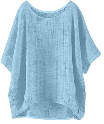 Uwdiohq Damen Rundhalsausschnitt Kurzarm Leinenbluse Baumwolle Leinen Lose Tshirt Sommer Elegant Musselin Bluse Freizeit Casual Einfarbig Oberteile Halbarm Tunika Tee Hemd Mode Trendy Bluse