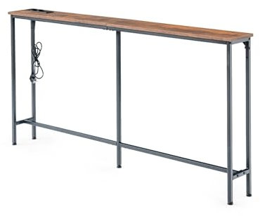 GOKHOMX Table de Bar étroite 160 cm avec 2 Prises et 2 Ports USB, Table de Bar de Cuisine Haute et étroite Meuble Console pour Cuisine Salon entrée café Bar (Marron, 160 x 20 x 80,5 cm)