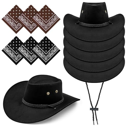 YFNVH 6er-Pack Schwarze Cowboyhut Fasching für Damen, Westernhut mit verstellbarem Kordelzug Western Cowboyhüten für Damen Fasching Cowboy Kostüm für Fasching Karneval JGA Mottoparty