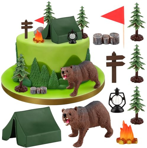 Hooqict Camping Cake Decorations with Mini Tent, Campfire, Tree, Camp Sign, Animal Camping Cake Toppers & Cupcake Toppers for Forest Camp Themed Birthday Party Decorations Supplies
