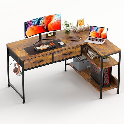 CAIYUN L Shaped Computer Desk with 2 Drawers, 100CM Office Corner Desk with 2 Storage Shelves, Working Table Study Table for Home Office Desk, Brown