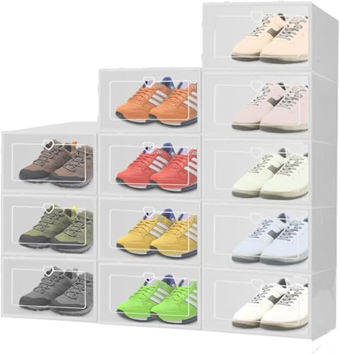 FERNVALE 6 Pack Stackable Shoe Storage Boxes - White PP Plastic Drawer-Type Organiser (31.5x21.5x12.5cm) | Modern Shoe Box for Living Room/Bathroom | Durable & Space-Saving