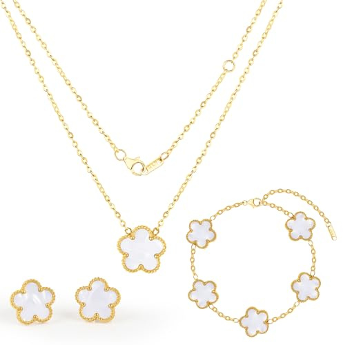 LjFrexia Vierblättriges Kleeblatt Schmuck Set,18K Vergoldet Vierblättriges Kleeblatt Halskette Ohrringe Armband, Edelstahl Zweiseitig Glücksklee Schmuck, Geschenk für Damen und Mädchen
