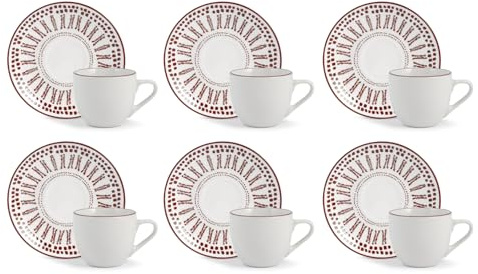 H&H Confezione 6 Tazze da Caffè Voyage Rosso con Piattino in Porcellana Decorata - 90cc – Lavabili in Lavastoviglie e Utilizzabili nel Microonde