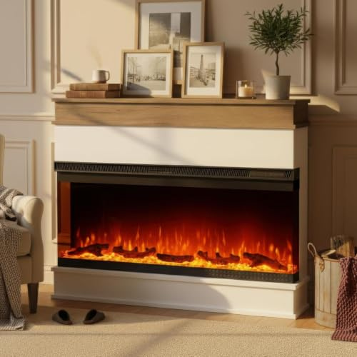 M.C.Haus 3-seitiger elektrischer Kamin-Einsatz - Minimalistischer Kamin - 12 Farb-Flammeneffekt - 1500/750 Watt Heizgerät - Fernbedienung - Holz & Kristalle (60, Weiß)