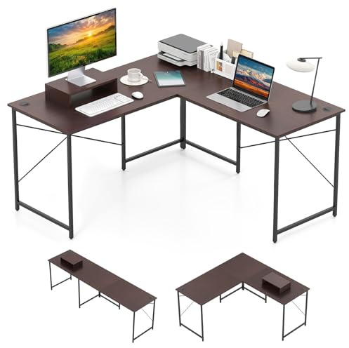 COSTWAY Schreibtisch L-Form, reversibler Eckschreibtisch, Ecktisch mit Kabellöchern & abnehmbarem CPU-/Monitorständer, Gaming Computertisch, Bürotisch für Home Office (Braun,Ohne Ladestation)