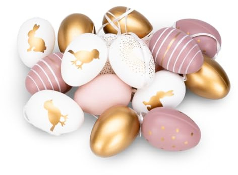 NaDeco 16x Ostereier zum Aufhängen – Kunststoff-Ostereier mit Muster – Osterdeko für Innen & Außen – Hängedeko für Osterstrauch – FrühlingsdekoㅤGold-Rose