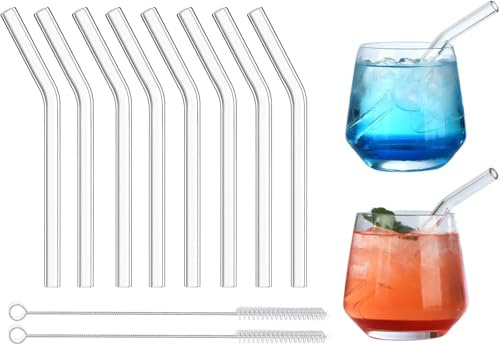 Short Glass Straws, 6 in x 10 mm Reusable Clear Glass Curved Cocktail Straw for Whiskey, Coffee, Soda, Water, Pack of 8 with Brush (Bent Straws)