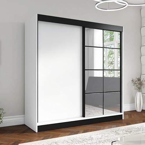 A&J MöbelLand Schwebetürenschrank Tina Kleiderschrank 2-türig mit Spiegel Garderobenschrank 200 cm (Weiß)