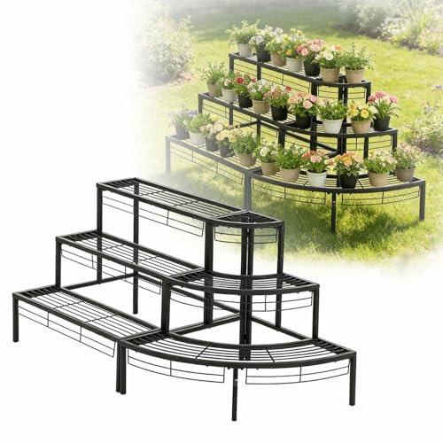 Dalumian Support d'angle pour Plantes d'extérieur, étagère de Rangement Haute en métal pour Fleurs, Support de Rangement pour Pots de Fleurs en Forme d'échelle pour Salon Patio (3 Niveaux, Noir)(B)