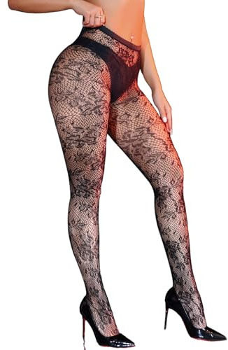 ohyeahlady Medias Mujer Rejilla Pantys Negras Talla Grande Pantimedias de Red Cintura Alta Collant Calcetines Stocking Fishnet Ropa Interior Divertida Lingerie Curvy Lencería En Caja Negro,L-XXL