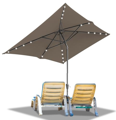 Ollewiellan Sonnenschirm LED Solar 300 x 200 cm Khaki mit Kurbel, Sonnenschirm Rechteckig Ampelschirm Gartenschirm Terrassenschirm Sonnenschutz UV50+, Knickbar wasserdicht für Garten, ohne Ständer