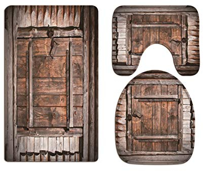 A.Monamour Badezimmer Badematte 3 Teilig Set Set Vintage Alten Rustikalen Hölzernen Scheunentor Holz Planken Kunstdruck Flanell Saugfähig Badteppiche Badvorleger Badgarnitur WC Vorleger