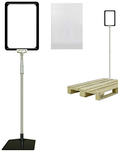 Plakatständer DIN A4 Rahmen schwarz mit U-Tasche, Teleskopständer höhenverstellbar bis 1510 mm mit Teleskoprohr ALU Kunststoff, Fuß eckig 160x192 mm Stahl schwarz, Kundenstopper, Paletten Aufsteller