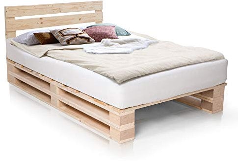 PALETTI Palettenbett inklusive Kopfteil Massivholzbett Holzbett Bett aus Paletten mit 11 Leisten, Palettenmöbel, 90 x 200 cm, Fichte Natur