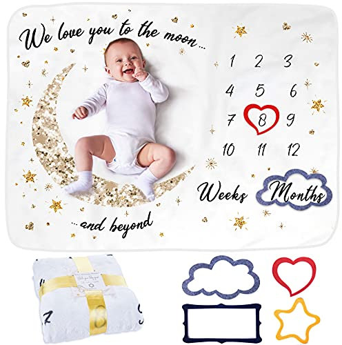 ODOXIA Baby Meilenstein Decke | Monatsdecke Baby Junge & Mädchen, Unisex | Personalisiertes Baby Party-Geschenk | Motiv Mond & Sterne | Weich & Dick | Babydecke | Baby Monats-Decke Mit Rahmen